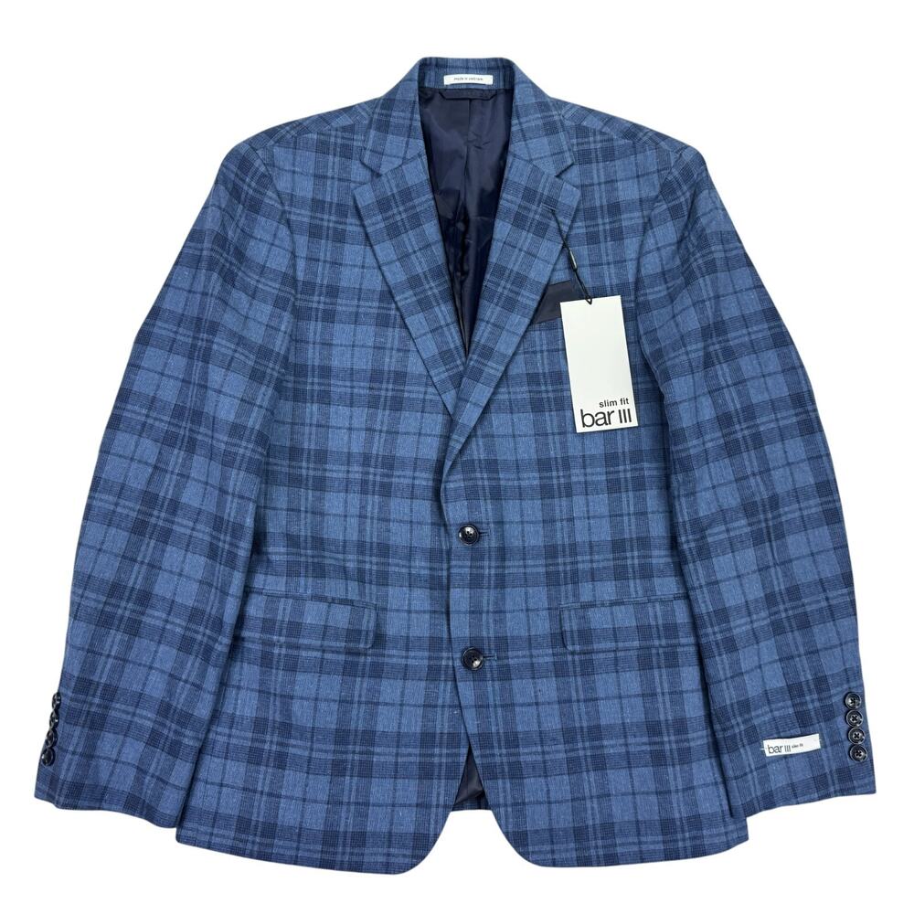 Bar III Mens Linen Blend Slim Fit Plaid Sport Coat Blue 38S